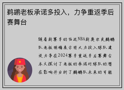 鹈鹕老板承诺多投入，力争重返季后赛舞台